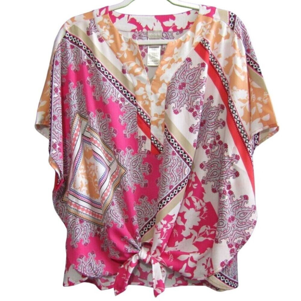 Chicos Floral Tie Front Top Size M 1 Pink Orange Purple Bandana Poncho Style